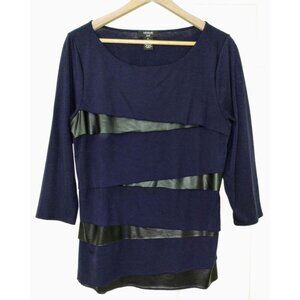Verve Ami Blue and Black Faux Leather Asymmetric 3/4 Length Sleeve Top (Size XL)